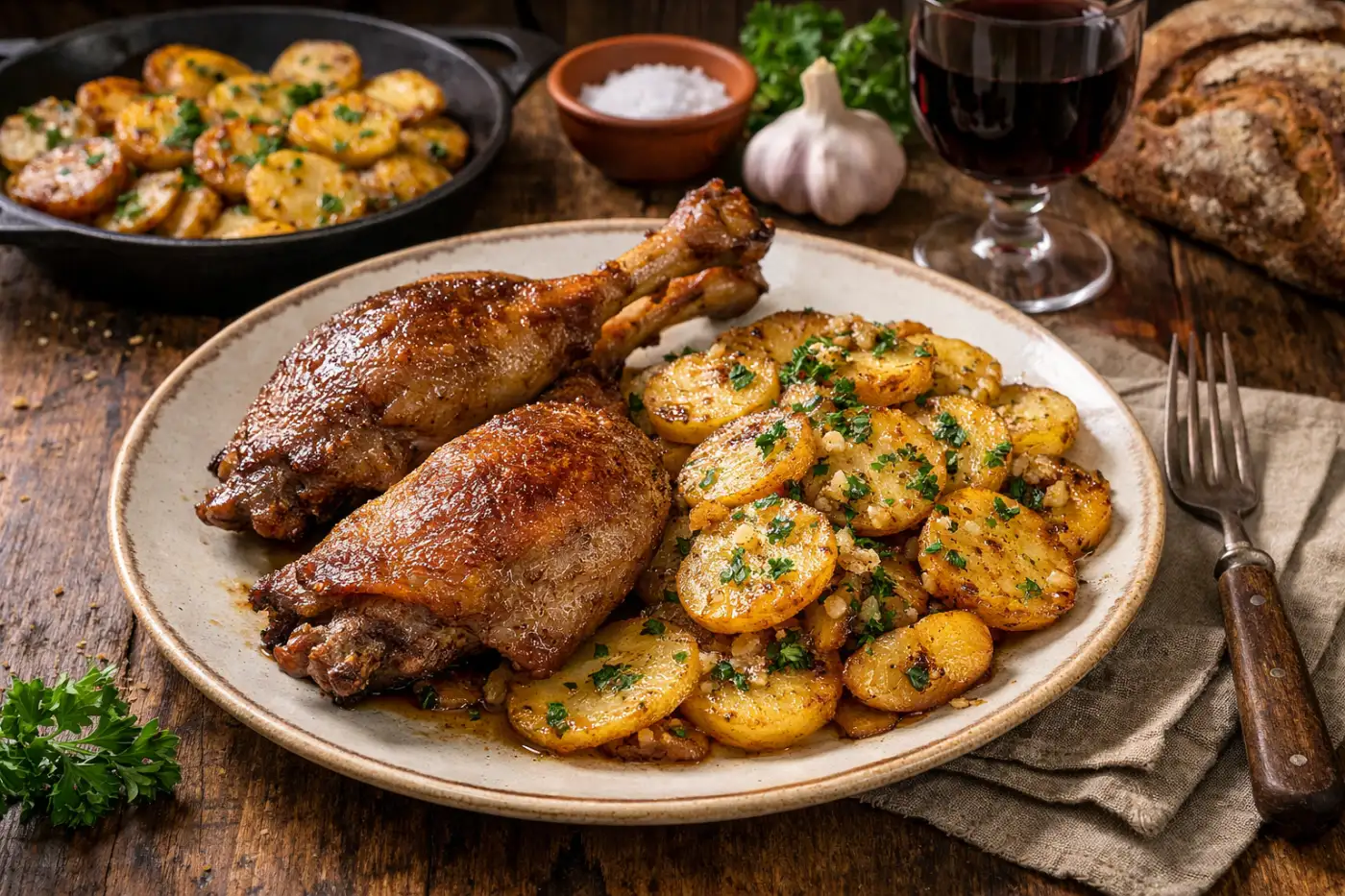 Le véritable confit de canard aux pommes sarladaises comme en Dordogne, recette traditionnelle du Périgord
