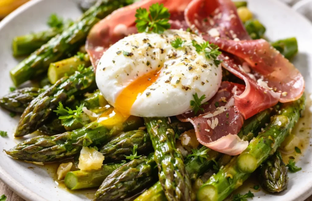 Fricassée d’asperges de l’Aude, œufs pochés et jambon de pays